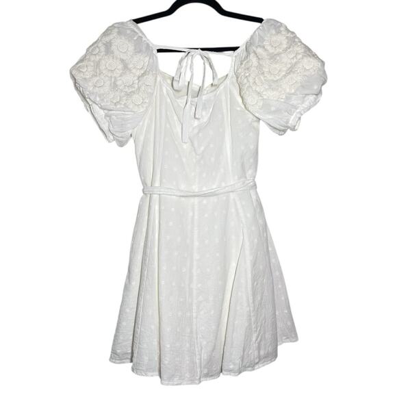 Innika Choo White Embroidered Floral Puff Sleeve Full Button Madonna Mini Dress - Picture 2 of 16